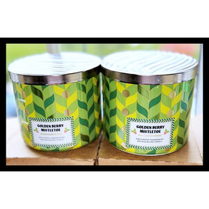 Lot of 2 Bath & Body Works Golden Berry Mistletoe Large 3-Wick Candle 14.5oz